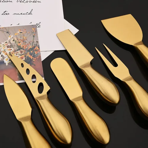 Miniatura 2 de JASHII Juego de 6 cuchillos esparcidores de mantequilla de queso dorado, juego de espátula de mermelada de una sola pieza, juego de cuchillos