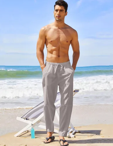 Miniatura 2 de COOFANDY Pantalones harén de lino con cordón para hombre, cintura elástica, ligeros, pantalones hippie, verano, playa, yoga