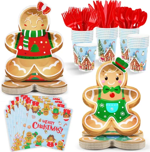 Durony 168 piezas de suministros de fiesta de Navidad de jengibre de Merry Christmas, juego de vajilla de mesa incluye platos de papel, servilletas,