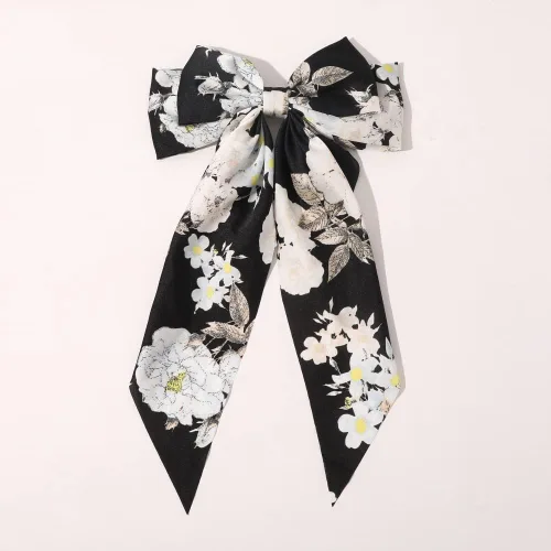Miniatura 4 de Pinzas grandes para el pelo para mujeres y niñas, clip de cinta de pelo de cocodrilo floral grande, lazos de cinta negra larga con lazo grande flor