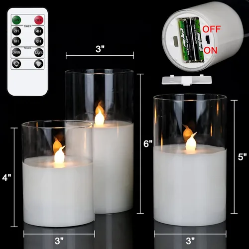 Miniatura 5 de GenSwin - Velas LED sin llama de cristal transparente que funcionan con batería, con control remoto de 10 teclas y temporizador, velas de cera real