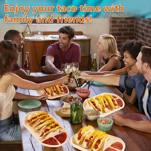 Miniatura 3 de 24 soportes desechables grandes para tacos para fiestas, platos de almidón de maíz, soporte para 3 tacos, 2 áreas de inmersión, bandejas de fiesta