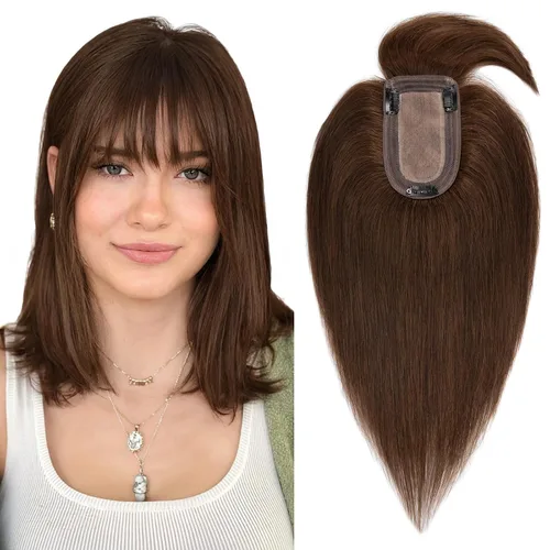 Miniatura 19 de Benehair Peluca de cabello con clip con flequillo, peluca secreta de cabello 100% humano, postizo superior con flecos, peluca de repuesto