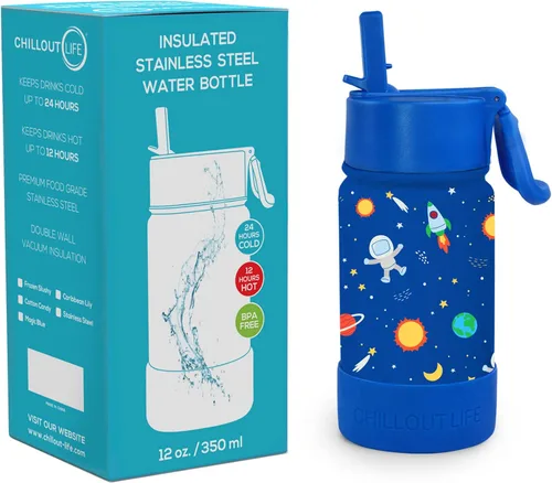 Miniatura 2 de CHILLOUT LIFE Botella de agua aislada para niños de 12 onzas para la escuela con tapa con pajita, a prueba de fugas y bonitas calcomanías Espacio