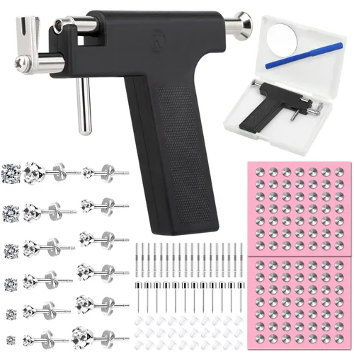 Miniatura 9 de Kit de pistola de perforación de oreja reutilizable, pistola profesional de perforación de oreja con aretes de acero inoxidable, aretes de cristal