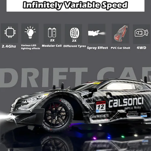 Miniatura 4 de HTURCCOP 1:16 RC Drift Car 2.4GHz Spray 4WD Luces LED de Alta Velocidad de Control Remoto de 30+KM/H 2 Baterías 60Min Velocidad Variable