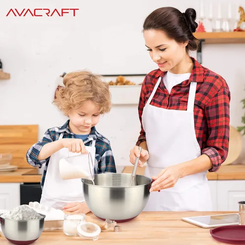 Miniatura 7 de AVACRAFT Tazones para mezclar de acero inoxidable 18/10 con tapas, tazones con base de silicona antideslizante con mango, juego de tazones para Rojo