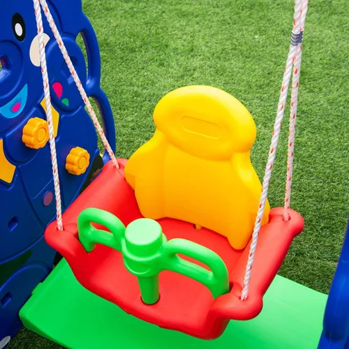 Miniatura 4 de HONEY JOY Juego de columpio y tobogán para niños pequeños, 4 en 4 juegos de escalador con aro de baloncesto, tobogán extra largo con zona