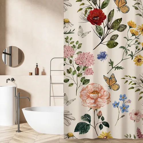 Miniatura 7 de AnyDesign Cortina de ducha de flores silvestres de 72 x 72 pulgadas, cortina de ducha de tela de mariposa retro con 12 ganchos, cortinas de baño