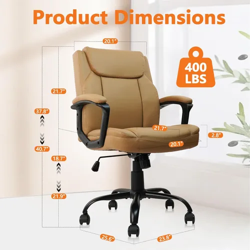 Miniatura 3 de CLATINA - Silla ejecutiva de oficina con respaldo medio de cuero, soporte lumbar y reposabrazos acolchados, diseño ergonómico ajustable y giratorio