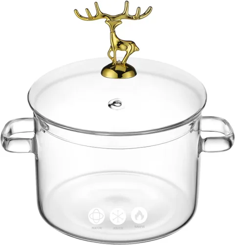 Tofficu Olla de sopa de vidrio de borosilicato con tapa de 8 pulgadas, olla a fuego lento de doble mango para estufa y cocina eléctrica de cerámica,