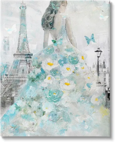 Miniatura 8 de Stupell Industries Mujer parisina con mariposa y vestido floral azul pintura placa de pared, 10 x 15, diseño por artista Main Line Art & Design