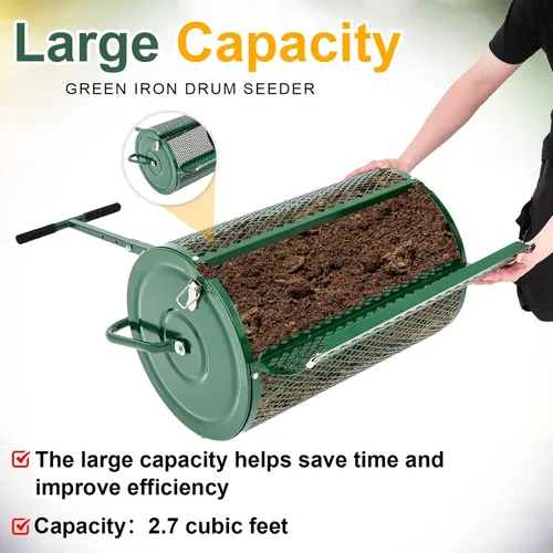 Miniatura 4 de Hiboom Esparcidor de compost de 24 pulgadas, esparcidor de musgo de turba, rodillo de estiércol con mango ajustable en forma de T, malla metálica