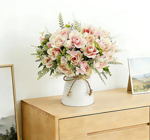 Miniatura 6 de LESING Flores artificiales con jarrón para centros de mesa, flor de gardenia de seda falsa en decoración de jarrón para fiesta en casa oficina (rosa)