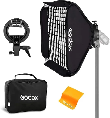 Godox Softbox Modificador de luz suave de 24 x 24 pulgadas con rejilla, soporte de flash tipo S, soporte de montaje Bowens para flash de estudio,