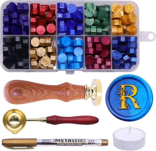 Miniatura 22 de SWANGSA Kit de sello de cera con letra inicial del alfabeto A, elegante sello de sellado de letras florales botánicas con 200 cuentas de cera