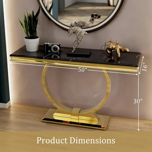 Miniatura 2 de ACEDÉCOR Mesa consola dorada, mesa de entrada de mármol sintético negro de lujo de 50 pulgadas con base de acero inoxidable en forma de U dorada