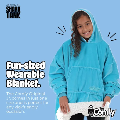 Miniatura 3 de THE COMFY Original Jr para niños Manta de sherpa de forro polar de gran tamaño con capucha y bolsillo Vista en Shark Tank