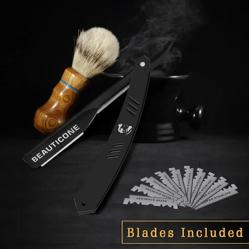 Miniatura 4 de BEAUTICONE Maquinillas de afeitar rectas para hombres, maquinilla de afeitar de borde recto, cuchillas de repuesto de un solo filo, acero Todo negro