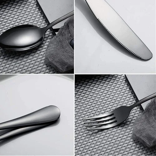 Miniatura 5 de Juego de cubiertos negros para 12 cubiertos de acero inoxidable, 60 piezas, cuchara, tenedor, cuchillo, utensilios de cocina, mango redondo ancho
