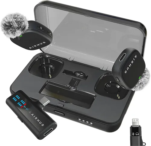 Miniatura 10 de AIRHUG Micrófono Lavalier inalámbrico para iPhone/Android/PC, batería de 60 horas, 48 KHz 24 bits, relámpago Plug-Play/USB-C, 3 modos de grabación