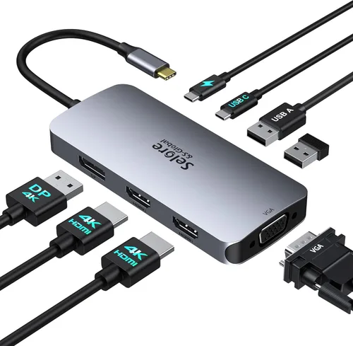 Estación de acoplamiento USB C con adaptador de monitor dual HDMI, Selore USB C Hub para 3 monitores con dual HDMI, DisplayPort, VGA, carga PD de
