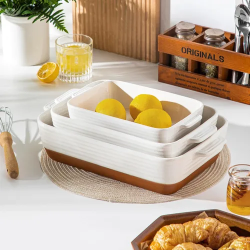 Miniatura 9 de MALACASA Fuentes para horno, Juego de 3 fuentes de cerámica para hornear, Juego de fuentes para hornear, Bandeja rectangular para lasaña profunda