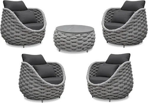 Miniatura 31 de Juego de muebles de patio de 4 piezas ensamblado, conjunto de sofá de conversación para exteriores de cuerda tejida a mano - Sofá de aluminio Cuerda