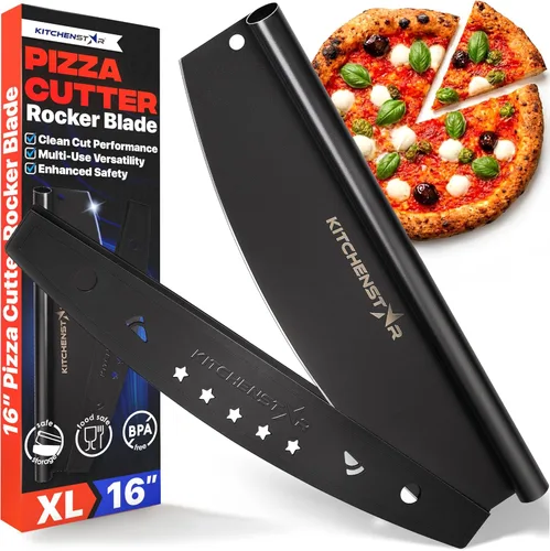 Kitchenstar Cortador de pizza de 14"| Cuchillo de acero inoxidable afilado para rebanar - Estilo balancín con cubierta de hoja | Picar y rebanar