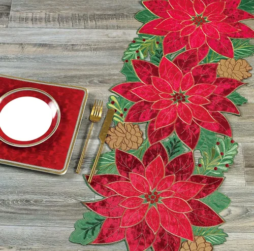 Miniatura 3 de KEVA Camino de Mesa Navideño de Navidad, Camino de Mesa de Terciopelo Bordado con Calados de Flor de Pascua Roja, Decoraciones Navideñas