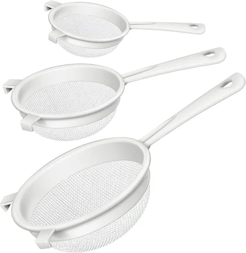 Miniatura 8 de 3 piezas de colador de malla de nylon de plástico con mango, colador de malla fina doble para alimentos, tamizador de harina para hornear, colador