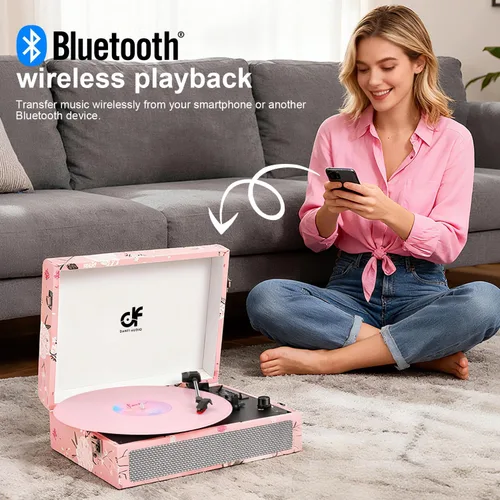 Miniatura 3 de Tocadiscos de vinilo Bluetooth con altavoces integrados, tocadiscos portátil vintage con diseño floral, fonógrafo de vinilo de 3 velocidades