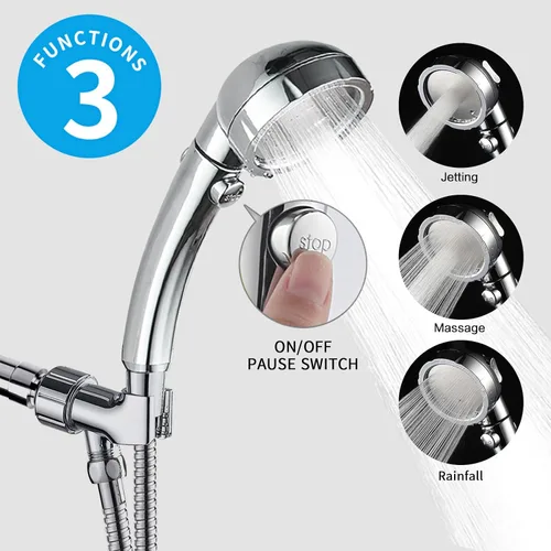 Miniatura 2 de Cabezal de ducha de mano de cromo de alta presión KAIYING con interruptor de pausa ON/OFF, varilla de ducha de 3 modos de rociado con botón