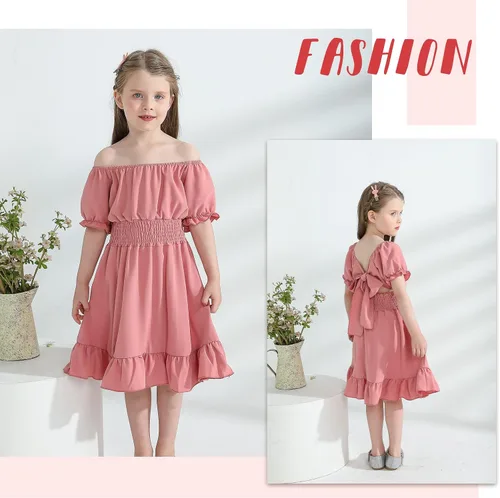 Miniatura 4 de YOUNGER TREE Vestido de fiesta para niña pequeña, con lazo en la espalda, manga corta, volantes, hombros descubiertos, vestido de fiesta casual