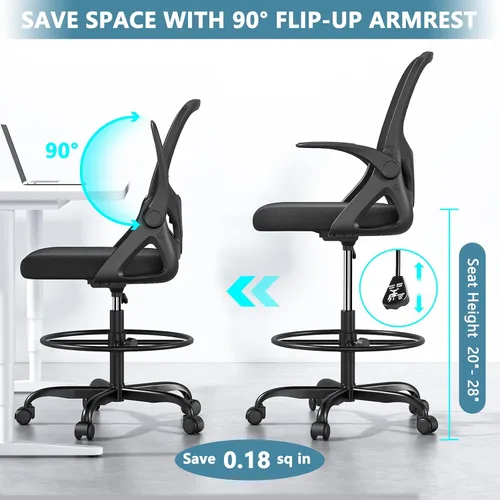 Miniatura 7 de Kensaker Silla de Dibujo Alta con Anillo Reposapiés para el Hogar y el Trabajo, Silla Ergonómica de Escritorio de Oficina para el Hogar con Brazos
