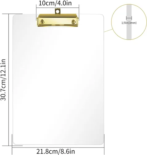 Miniatura 2 de Moocci Portapapeles transparentes de acrílico grueso, bonito portapapeles transparente con clip dorado fuerte agujero oculto para colgar papel A4