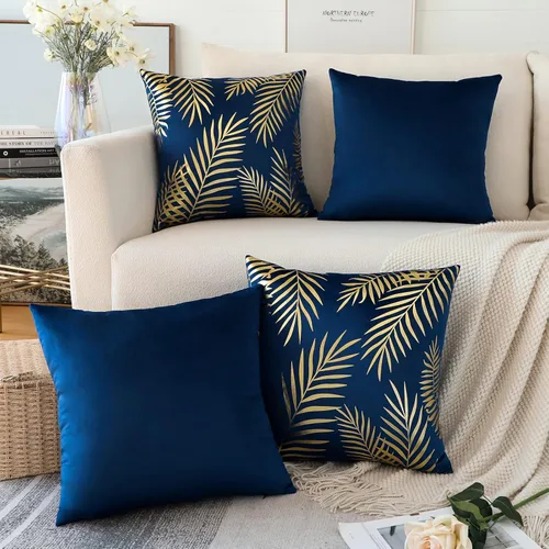 Miniatura 10 de OTOSTAR Paquete de 4 fundas de almohada de terciopelo suave con hojas doradas, fundas de almohada decorativas modernas, fundas de almohada B-black