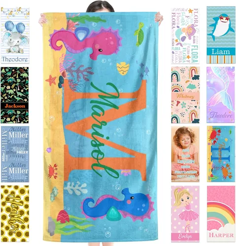 Miniatura 39 de Toalla de playa personalizada para niños, toallas de playa personalizadas de poliéster de secado rápido con nombres para niñas y niños, 30 x 60