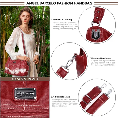 Miniatura 225 de Angel Barcelo - Bolsa de hombro amplia para mujer, diseño Hobo, cuero lavado