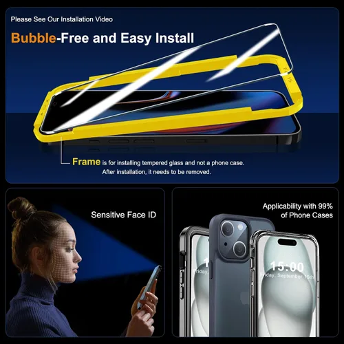 Miniatura 6 de QHOHQ Paquete de 3 protectores de pantalla para iPhone 15 [6.1 pulgadas] con 3 protectores de lente de cámara, película de vidrio templado