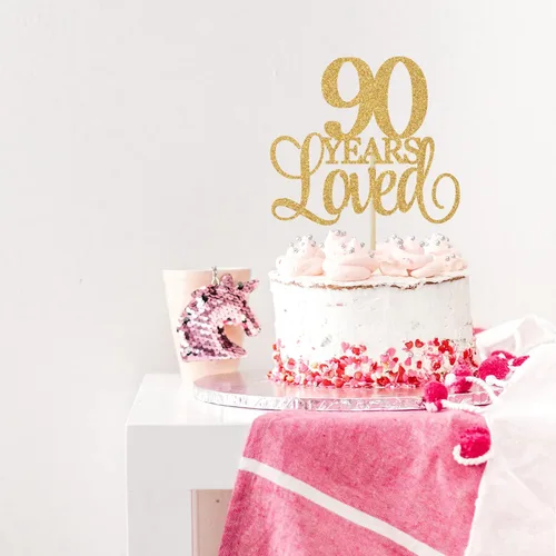 Miniatura 5 de 90 años de amor saludos al 90 aniversario, suministros de recuerdo de fiesta de cumpleaños con purpurina dorada