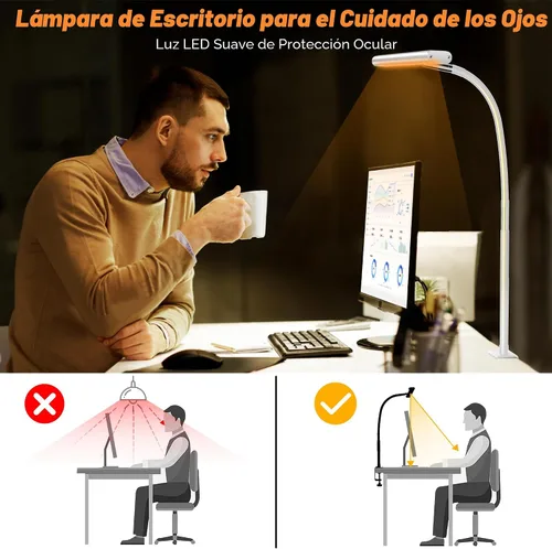 Miniatura 6 de Airlonv Lámpara de escritorio LED para oficina y hogar, luz de escritorio que cuida los ojos con atenuación continua, cuello de cisne flexible Blanco