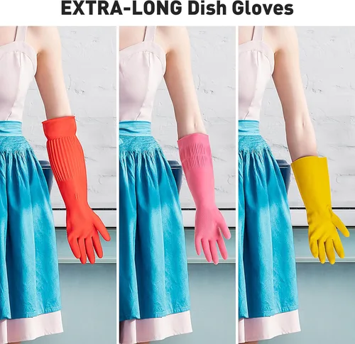 Miniatura 3 de ThxToms Guantes de goma para limpieza de platos (2 pares), forrados con forro polar, reutilizables, impermeables, con puño extralargo y diseño