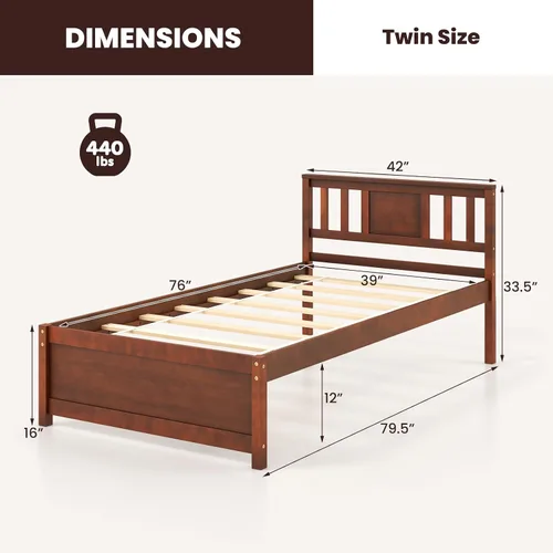 Miniatura 2 de Giantex Marco de cama individual con cabecero, cama de plataforma de madera maciza de mediados de siglo, cama de panel individual con soporte