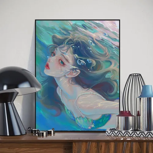 Miniatura 4 de Pimio Kit de pintura de diamante 5D para bricolaje, kit de arte redondo de diamante de sirena para adultos principiantes, perfecto para decoración