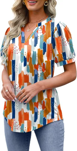 Miniatura 4 de OFEEFAN Blusas plisadas de manga abombada para mujer, cuello en V, holgadas, elegantes, casuales, S-3XL