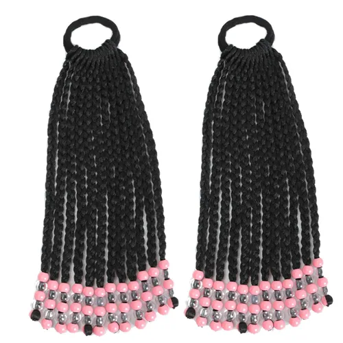 Miniatura 2 de Kid's Summer Paquete de 2 extensiones de cola de caballo para niños con cuentas, trenzas de caja, extensiones de cabello sintético para bebés, Rosa