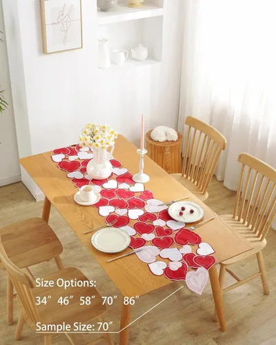 Miniatura 2 de Camino de mesa para el día de San Valentín, decoración del día de San Valentín, 70 pulgadas de largo, bordado rojo y rosa, camino de mesa de corazón