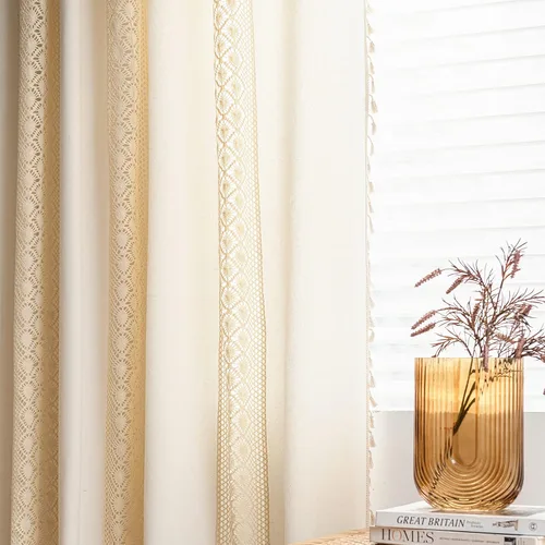 Miniatura 2 de Deeprove - Cortinas bohemias de 63 pulgadas de largo para dormitorio, rayas de lunares de punto hueco beige y patchwork de algodón y lino crema