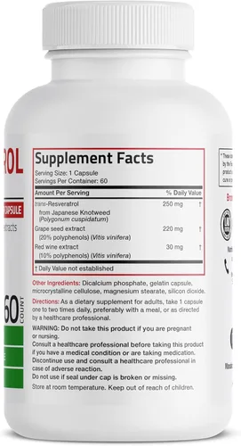 Miniatura 2 de Bronson Resveratrol 500 Complejo Estandarizado Trans-Resveratrol + Extracto de Semilla de Uva y Vino Tinto, 60 Cápsulas
